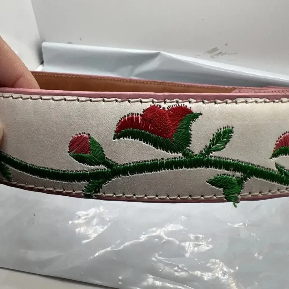 Aguila Real Leather Pink Caiman‎ Tail Embroidered Flowers Belt Rare Size 32
